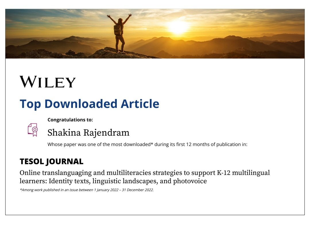 ShakinaRaj's tweet photo. So pleased to find out that this paper we wrote on online #translanguaging and #multiliteracies strategies to support #multilinguallearners was a top downloaded article in the TESOL Journal in 2022! Email/DM me for a copy :) @Burton_OISE @WongWales
https://t.co/XReRgGB19b https://t.co/x2g63YZtds