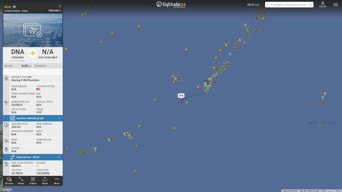 AIYeyENGDdJkjTr's tweet photo. Mar. 29, 2024
#Okinawa Kadena Air Base #South China Sea 

#NoCALLSIGN #AE6873 USN P-8A Poseidon
#NoCALLSIGN #AE04E0 USAF KC-135R Stratotanker https://t.co/HD20JbfUoG