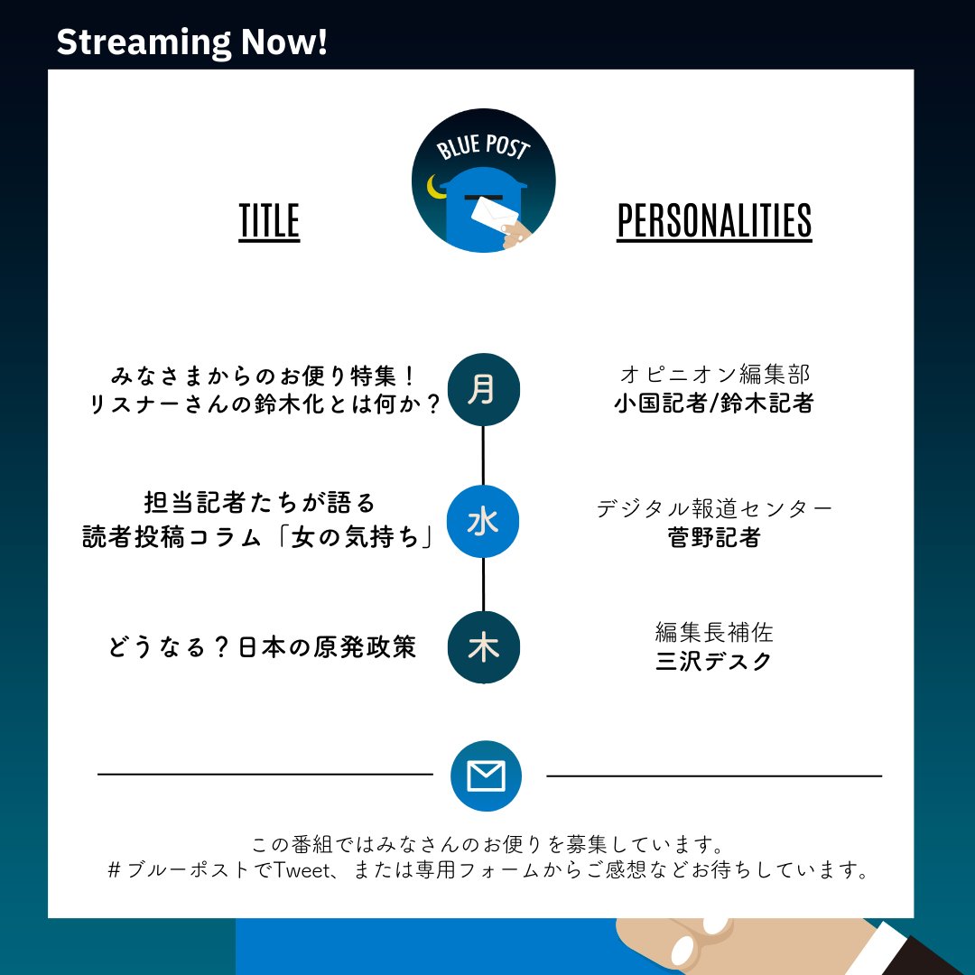 📣 今週のまとめ聞き！ 今週はこの3本、ぜひお聞きください💁 #ブルーポスト ■各種配信先はこちら👇 Amazon:amzn.to/42f42Jm Apple:apple.co/3JgENxq Voicy: voicy.jp/channel/2632/a… Spotify:spoti.fi/409BTBk