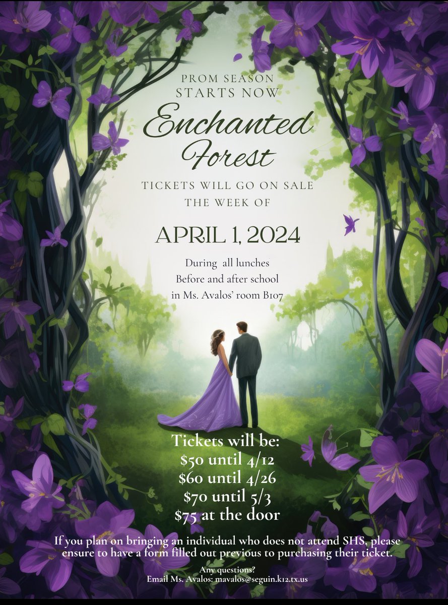 SHS students- Prom tickets go on sale during all three lunches in the cafeteria beginning Monday, April 1 for $50 until April 12. Tickets may also be purchased before or after school in Ms. Avalos’s room. Cash and check are accepted. This year’s prom is on May 4th.