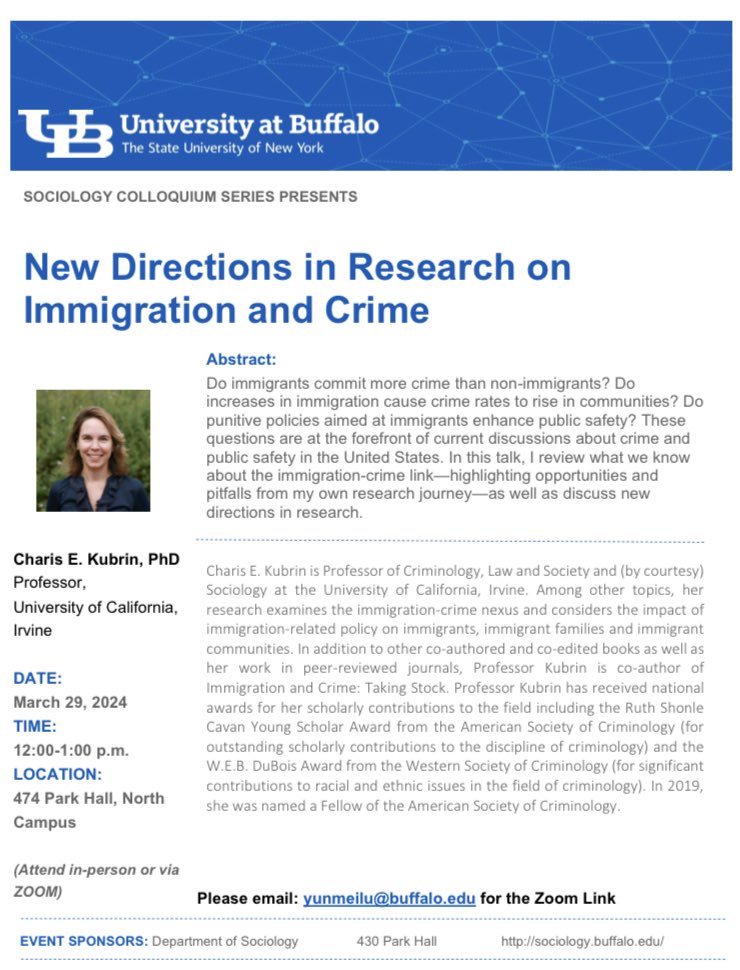 Dr. Charis Kubrin (@cekubrin ) will be presenting her work on immigration and crime @UBSociology this Friday (3/29) at 12:00pm EST. If you are interested in attending, contact me for info/zoom link!