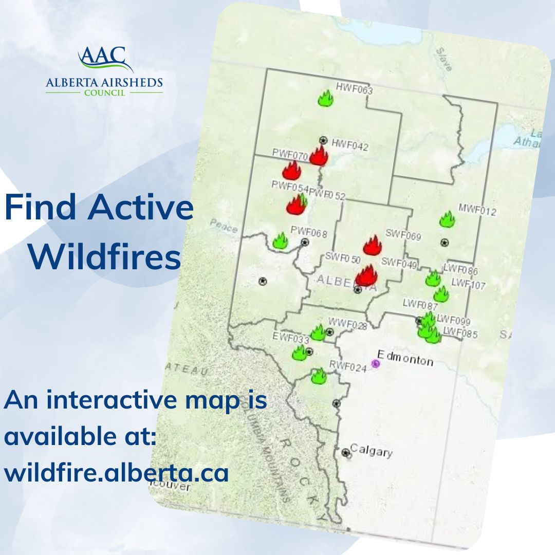 Find active wildfires at wildfire.alberta.ca. An interactive map is available that displays ongoing active wildfires, as well as another map that highlights noteworthy wildfires. #YEGairshed #Alberta #AAC #albertawildfire