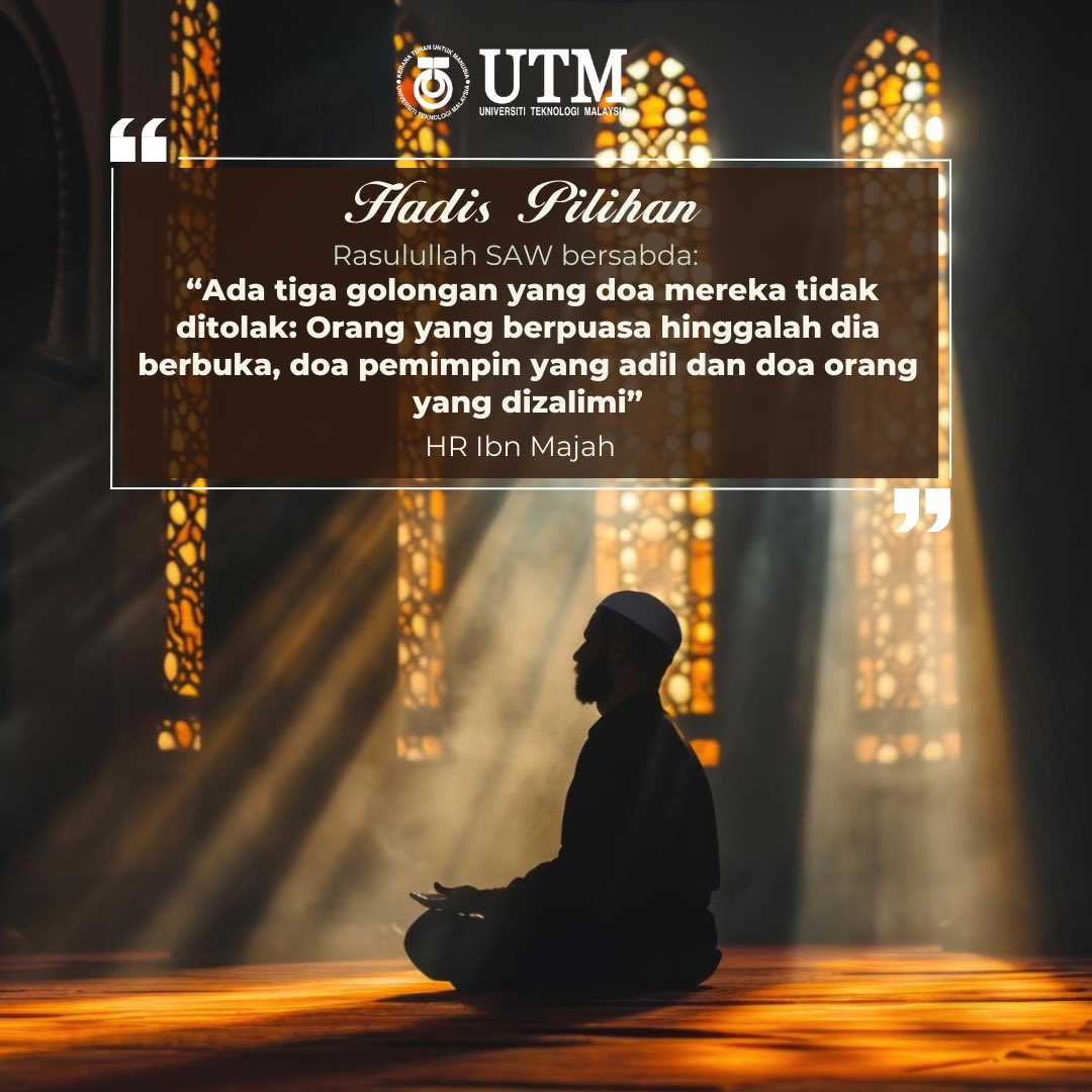 Doa orang yang berpuasa adalah mustajab. Jadi, marilah kita memperbanyakkan berdoa kepada Allah SWT terutamanya di bulan yang penuh dengan keberkatan dan kemulian ini. ✨ #HadisPilihanMingguIni #UniversitiTeknologiMalaysia #KeranaTuhanUntukManusia #MenginovasiPenyelesaian