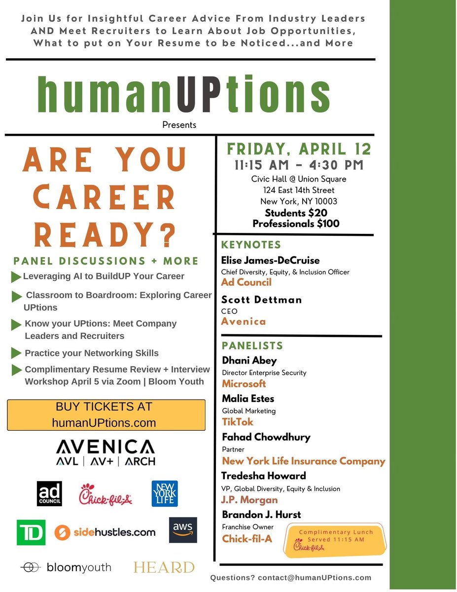 Don't miss 'Are YOU Career Ready?' by @humanUPtions on 4/12! 🔥 Industry leaders from Avenica, TikTok, Amazon, JPM, Ad Council, Chick-fil-A, NY Life, LinkedIn, Microsoft & TD Bank. Get mentorships, internships, jobs. Unlock your potential! bit.ly/3PFLgG5 #CareerReadiness