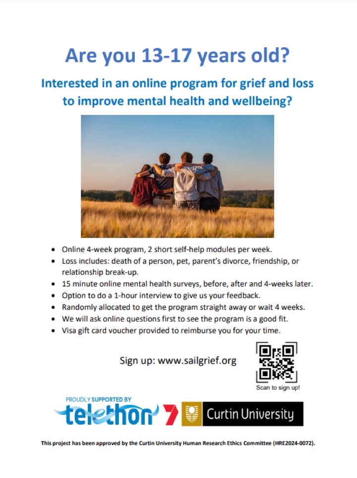 We're looking for young people aged 13-17 in Australia to do a new online cognitive behaviour therapy program for grief co-designed with young people. Sign up: sailgrief.org. Please RT ⛵️ 

@Telethon7 #telethon7 #projectSAIL #griefandloss #griefsupport #mentalhealth