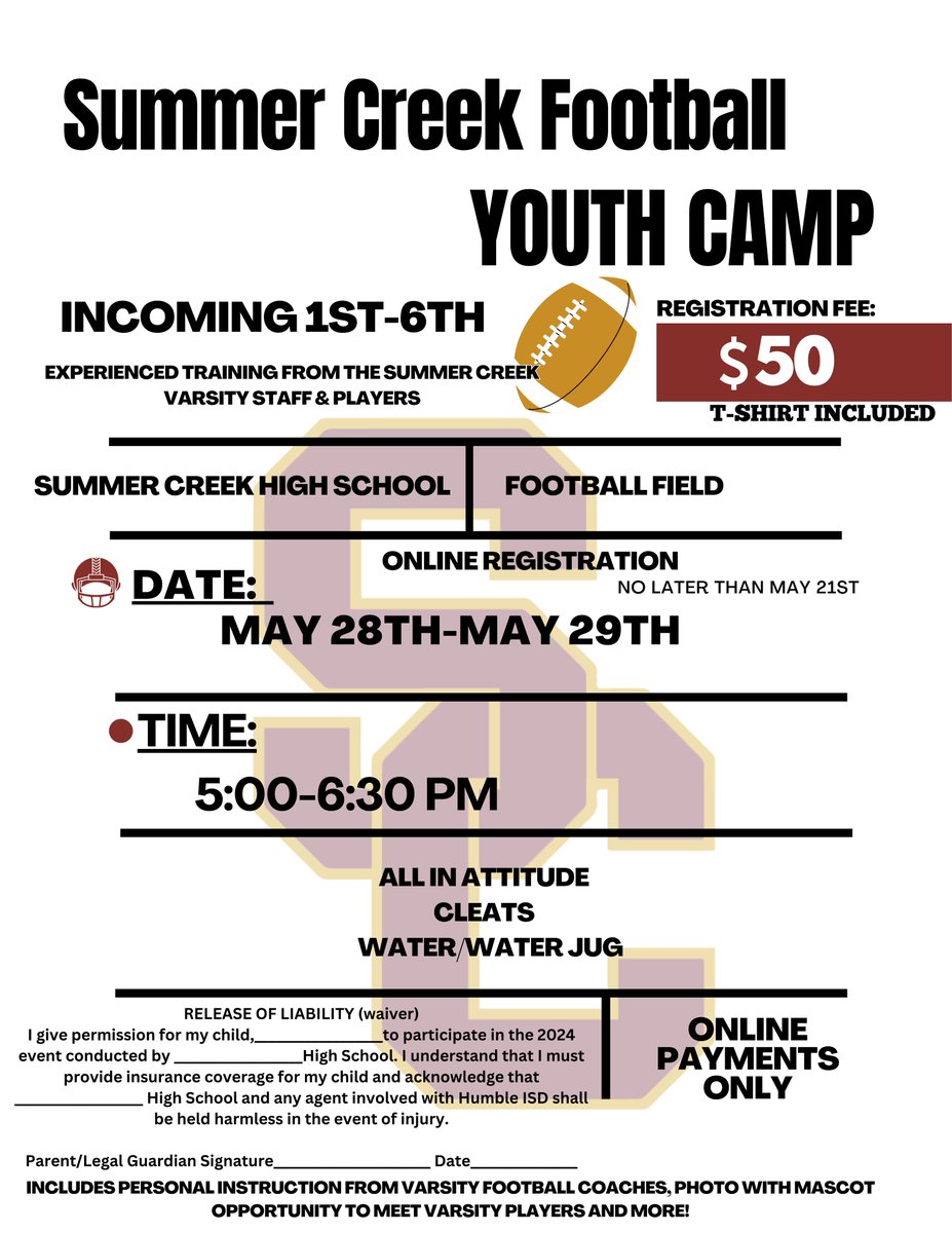 We have camps for all ages! First our Youth Camp for incoming 1st-6th graders! We love hosting our Youth camp. Cannot wait to meet all of our future bulldogs. Use the link to register. #ALLIN humbleisd.hometownticketing.com/embed/event/24…