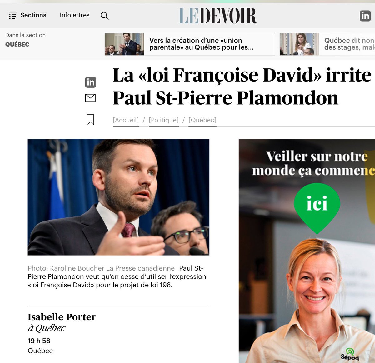 🚨🚨🚨 Quel titre malhonnête. Ce n’est pas le contenu de la loi 98 qui irrite PSPP c’est le fait que l’on la désigne comme la ‘loi Françoise David’. Très typique du Devoir qui racole bien bas pour faire mal paraître le chef du PQ et grappiller quelques appuis à QS.