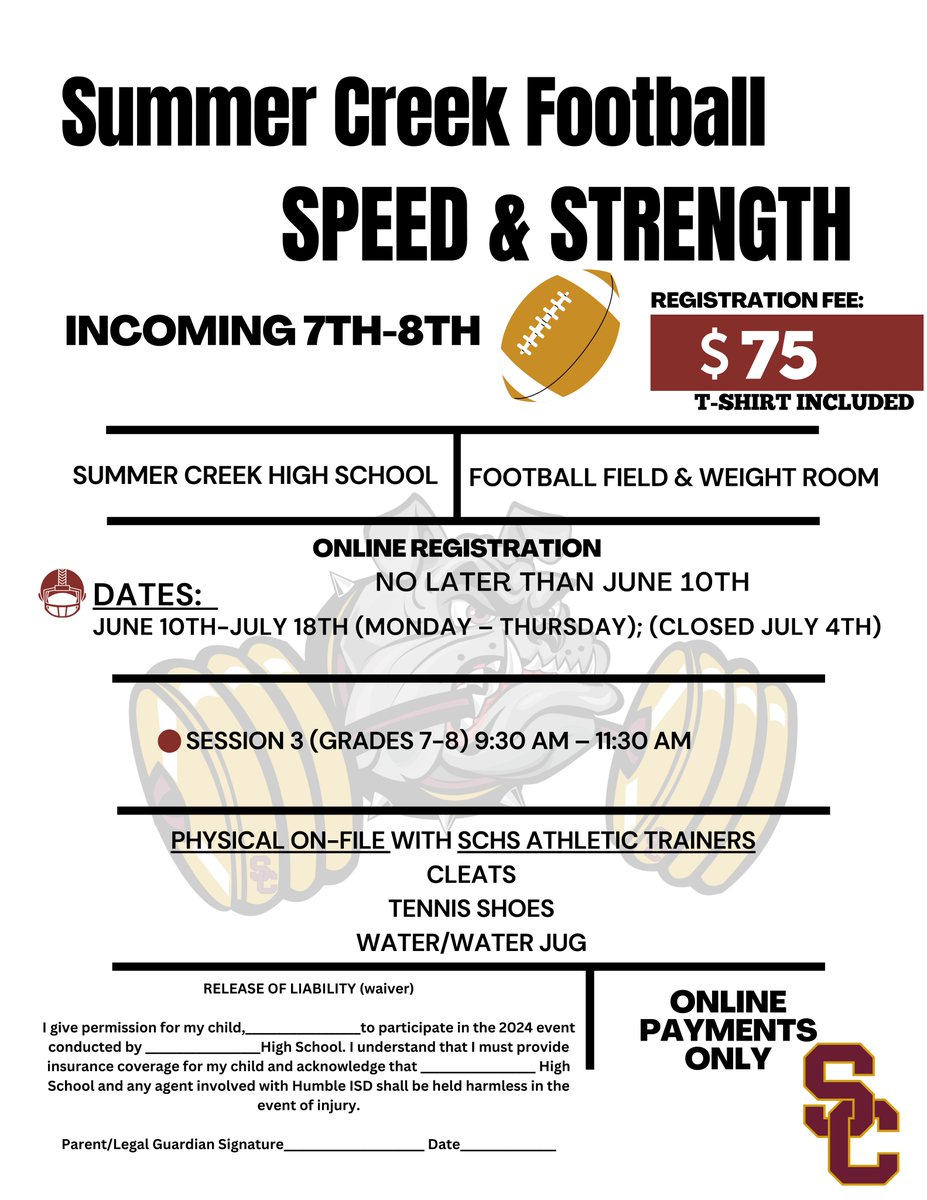 We have camps for all ages! Speed & Strength for Incoming 7th-8th Graders. Use the link to register. #ALLIN #THEFUTUREISBRIGHT @HumbleISD_ARMS @HumbleISD_WMS @HumbleISD_WLMS humbleisd.hometownticketing.com/embed/event/24…