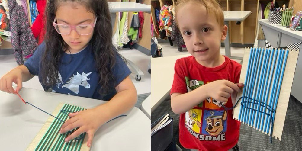 Kindergartners learned about spinners and weavers that were tradespeople during Colonial times. Then, students used looms, yarn, and plastic needles and became kindergarten weavers! <a href="/AlliRice4/">Alli Rice</a> #bettereveryday