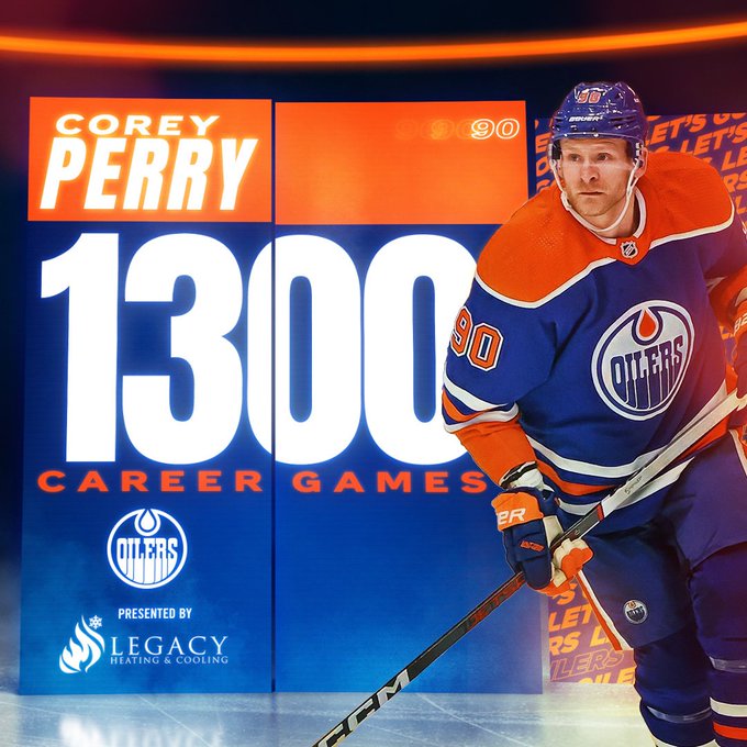 Corey Perry 1300 NHL games graphic. 