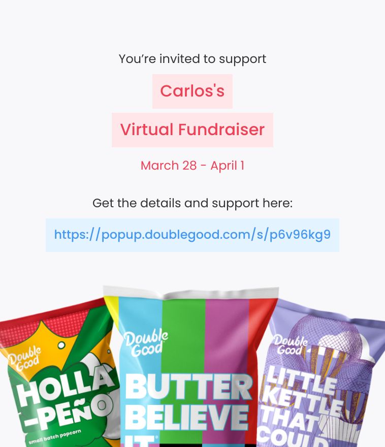 Hi! I’m doing a virtual fundraiser selling Double Good ultra-premium popcorn for 4 days from Thursday, Mar 28 - Monday, Apr 1. Get all the details and support here: popup.doublegood.com/s/p6v96kg9