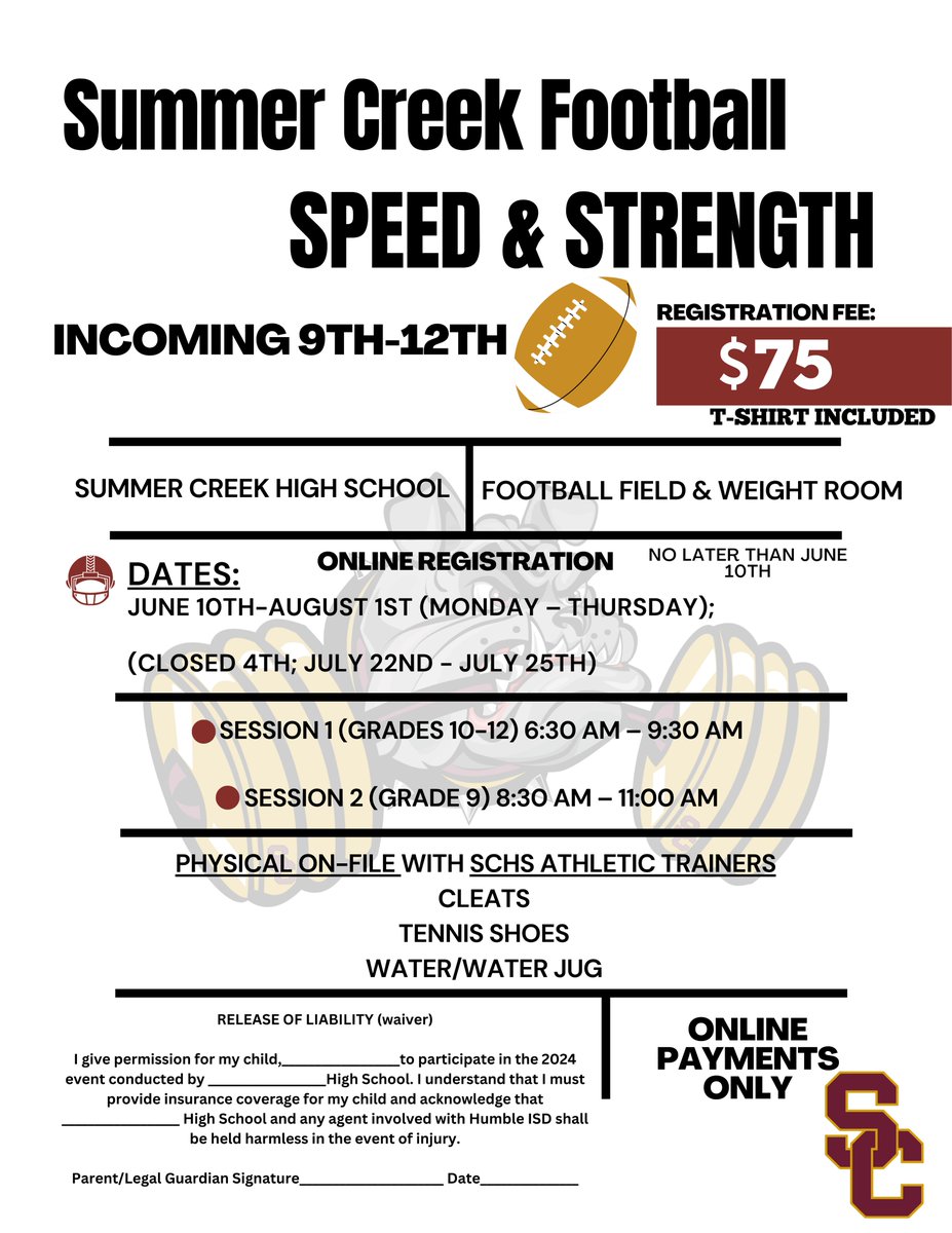 Incoming 9th-12th Graders Speed & Strength! It all starts in the Summer! Use the link to register. #ALLIN #THEFUTUREISBRIGHT @HumbleISD_ARMS @HumbleISD_WMS @HumbleISD_WLMS @HumbleISD_SCHS humbleisd.hometownticketing.com/embed/event/24…