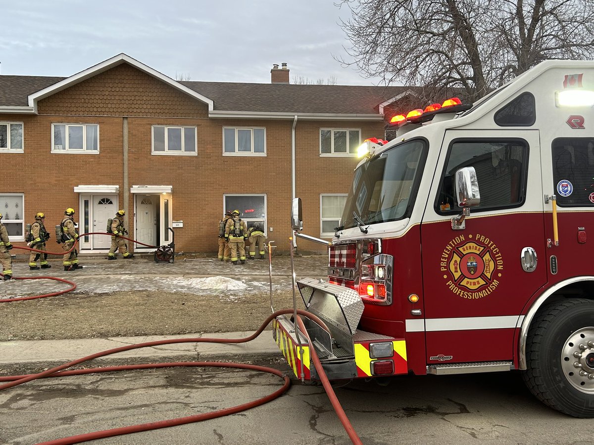 Crews on scene of a fire in a multi-family occupancy 300 Blk Greer Crt. Firefighters made entry and contained fire to room of origin in basement. Searches completed and no injuries reported. Please avoid the area during overhaul operations. Fire is under investigation. #YQR