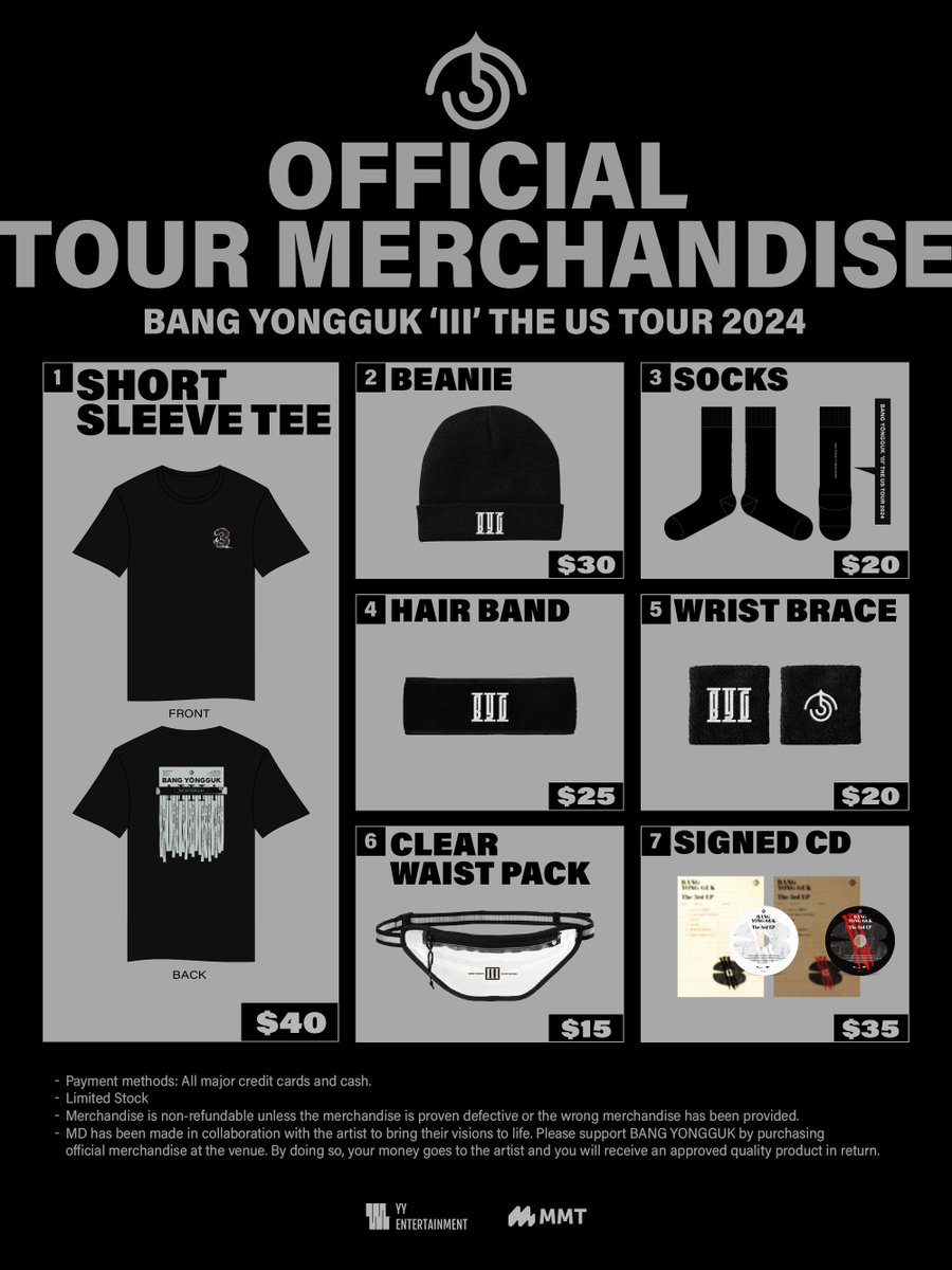 📢Tour Merchandise Information📢 Rep your BANG YONGGUK ‘III’ THE US TOUR 2024 merch at the show!❤️‍🔥 🛍Official Tour MD - ONLY available at the venue on show days! Grab your tickets HERE!🎤 Concert🎫 bit.ly/4bSTnbP M&G🎟️ mmt.fans/bwkW #BANGYONGGUK #방용국…