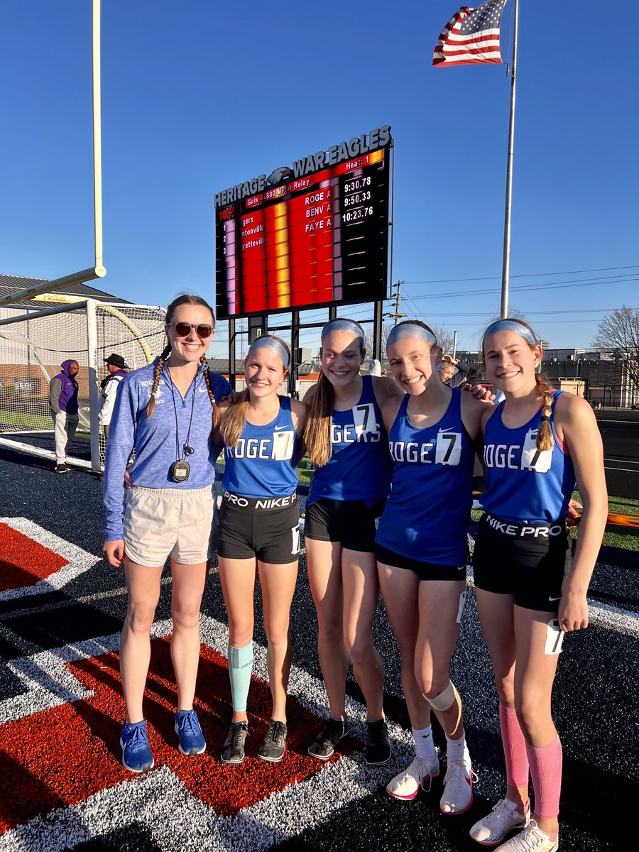These 4 freshmen broke the 4x800r school record by 7 seconds posting a 9:30!  Is the overall state record next??? The Scudder triplets &amp; Kayla.