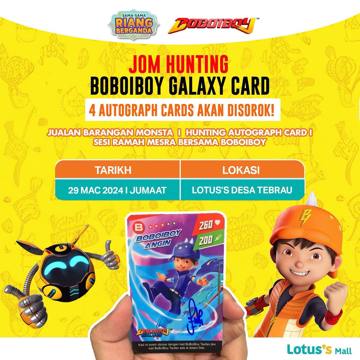 📢 HARI INI! Di Lotus's Desa Tebrau! Semoga berjaya kepada yang pergi hunting 4 'autographed cards'! Lokasi hunting akan di-update di Tiktok #MonstaGalaxyCard ⤵️

⚡tiktok.com/@monstagalaxyc…

#BoBoiBoy #GalaxyCard #PekQuest #MONSTA #TCG #AniMY @lotussmalaysia