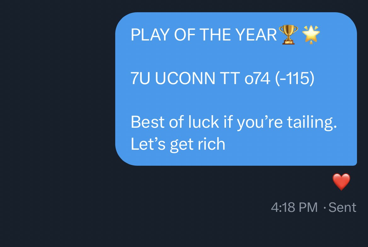 PLAY OF THE YEAR IS AN EASY WINNER🌟 7U UCONN TT o74 (-115)✅🌟🏆 I TOLD YALL THIS WASNT LOSING. Congratulations to all Clients and everyone who purchased THATS WHAT WE DO. Now we celebrate🥂 #GamblingTwitter