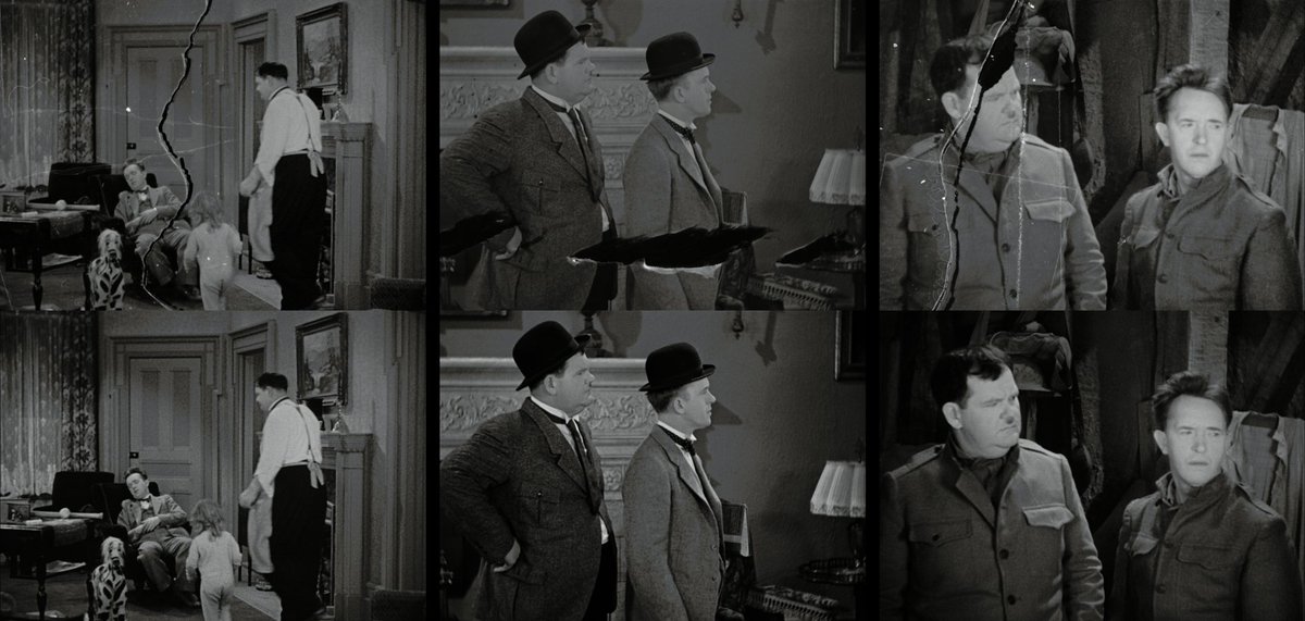 Before-and-afters of Laurel & Hardy’s “Pack Up Your Troubles” (1932), which will have its restoration premiere at our UCLA Festival of Preservation! Sat 4/6, 11 a.m., free: ucla.in/43KBB75 Restored by UCLA & @Film_Foundation w/ funding from Hobson/Lucas Family Foundation