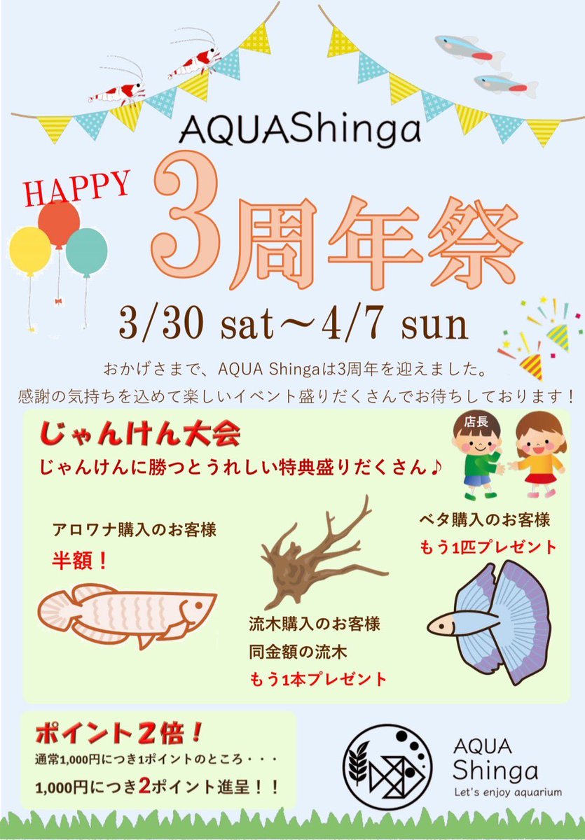 こんにちは♪
3月31日をもちまして、AQUA Shingaは
開店3周年を迎えることができました。
こうして3周年が迎えられますのも、ひとえに皆様のご愛顧の賜物と深く感謝しております。
これからも末永く愛される店であるよう、ボランティアスタッフ一同新たな決意で邁進する所存でございます。
#八代