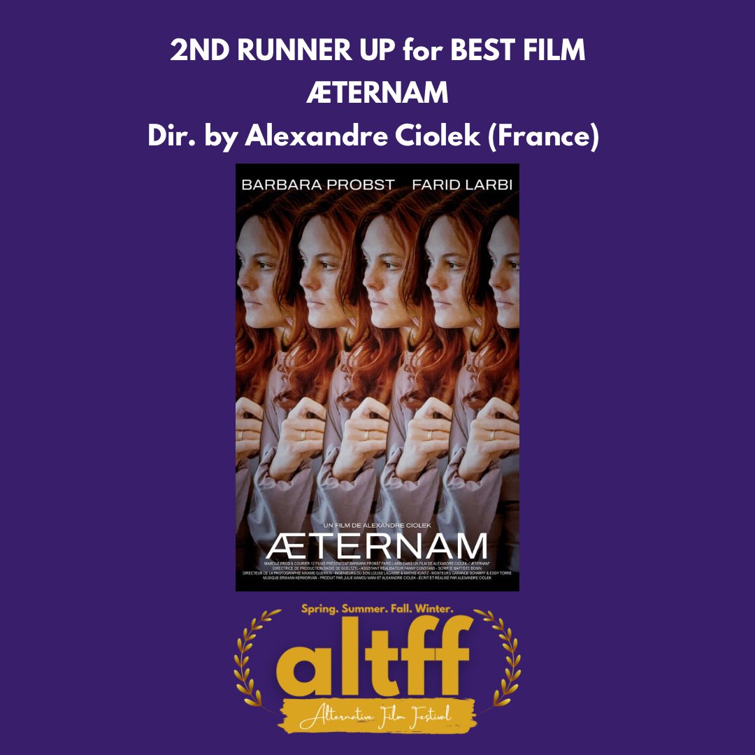 2nd RUNNER UP for BEST FILM: Ã†TERNAM - Dir. by Alexandre Ciolek (France) 

#alternativefilmfestival #altffspring2024 #filmfestival #filmawards #filmcommunity #filmmakers #filmfreeway #filmfestivals #torontofilms #torontofestivals #imdb #imdbawards  #filmmaking #filmmakerslife