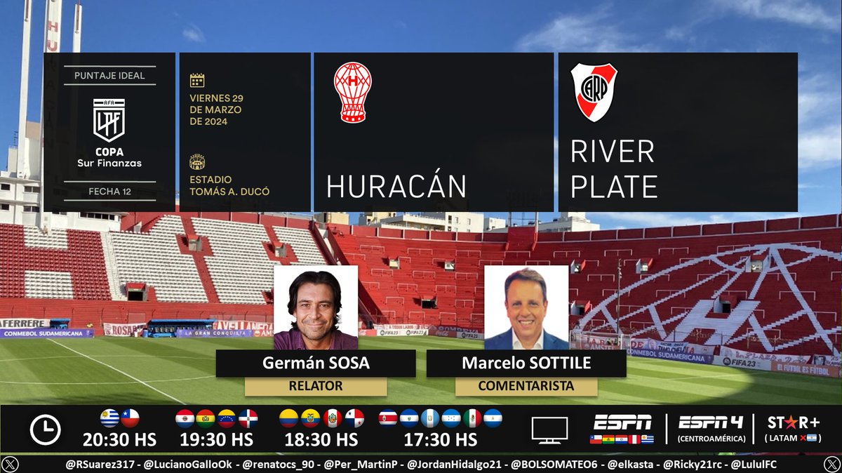 ⚽ #CopaDeLaLiga 🇦🇷 | #Huracán vs. #RiverPlate 🎙 Relator: @GermanSosaEspn 🎙 Comentarista: @cholosottile 📺 ESPN 🇧🇴🇨🇱🇵🇾🇵🇪🇺🇾 | ESPN 4 Centro 💻📱 @StarPlusLA Latinoamérica (❌🇦🇷) 🤳 #ESPNenStarPlus Dale RT 🔃