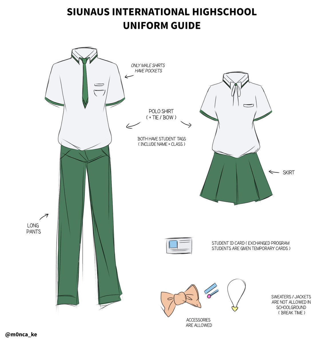 m0nca_ke's tweet photo. i made a little guide on how Siunaus Highschool uniforms look like :D the main color is verde green , and we always , ALWAYS have name tags + student ID cards
#moultcomic https://t.co/lEC5622qqY