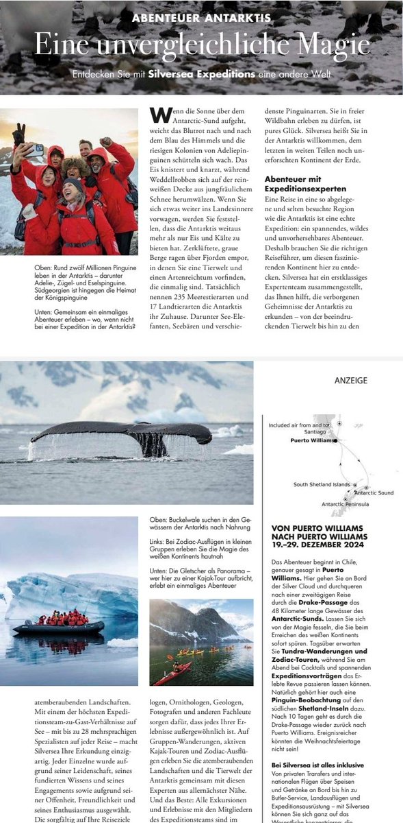 @EmbajadaChileUS @carovaldiviat @jg_valdes @Giulifungi @fungifoundation @dceff_org Y en la edición alemana aparecen los viajes a la Antártica que comienzan desde Puerto Williams, la puerta Antártica más sustentable y ecológica del planeta 🌏.