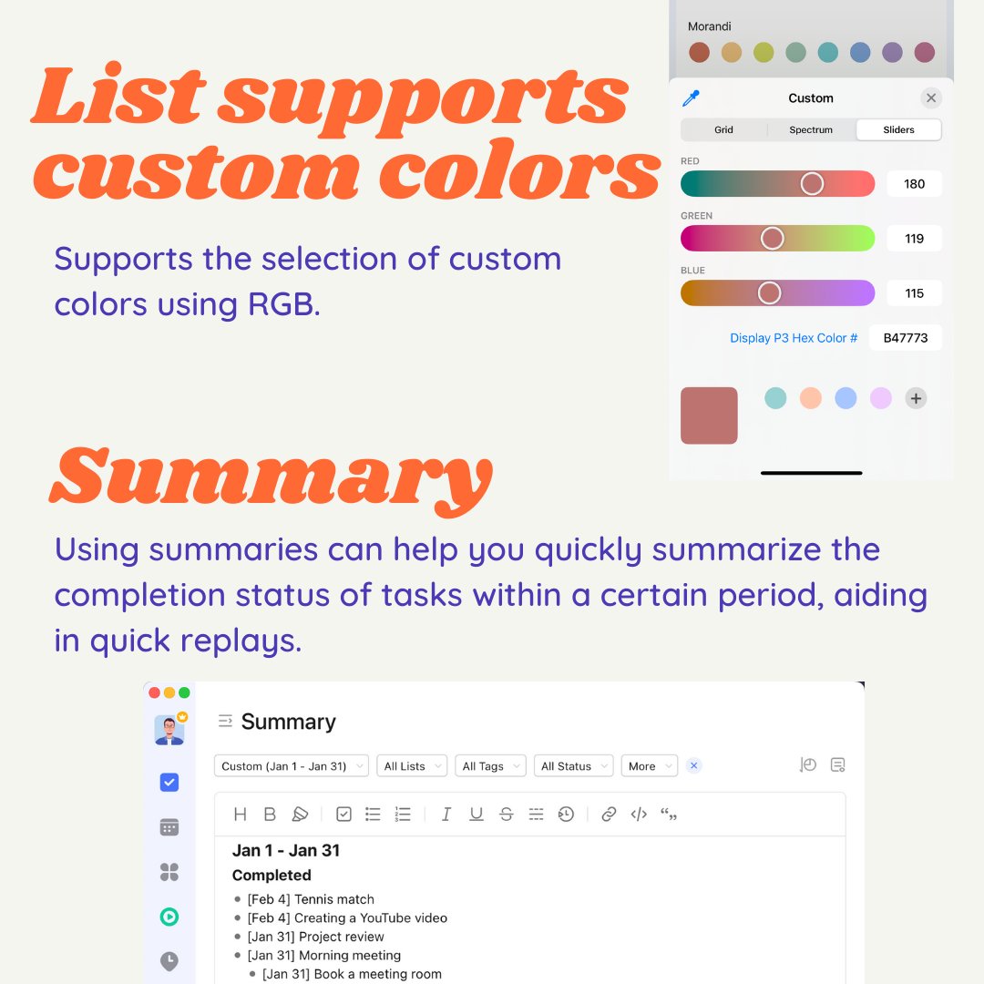 ticktick's tweet image. Hidden Features of TickTick✨
✅ Support habits export into Excel.
✅ Habit log. 
✅ List supports custom colors. 
✅ Summary. 
✅ Show Focus records. 
#TickTick #haibt #tasklist