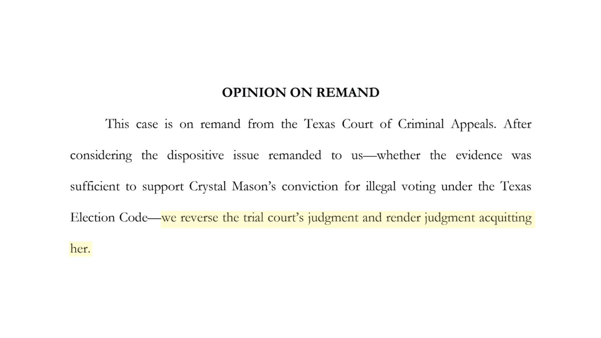 BREAKING: A Texas appeals court just acquitted Crystal Mason! She had been sentenced to 5 years in prison over a simple voting error. We will never give up our fight for justice.