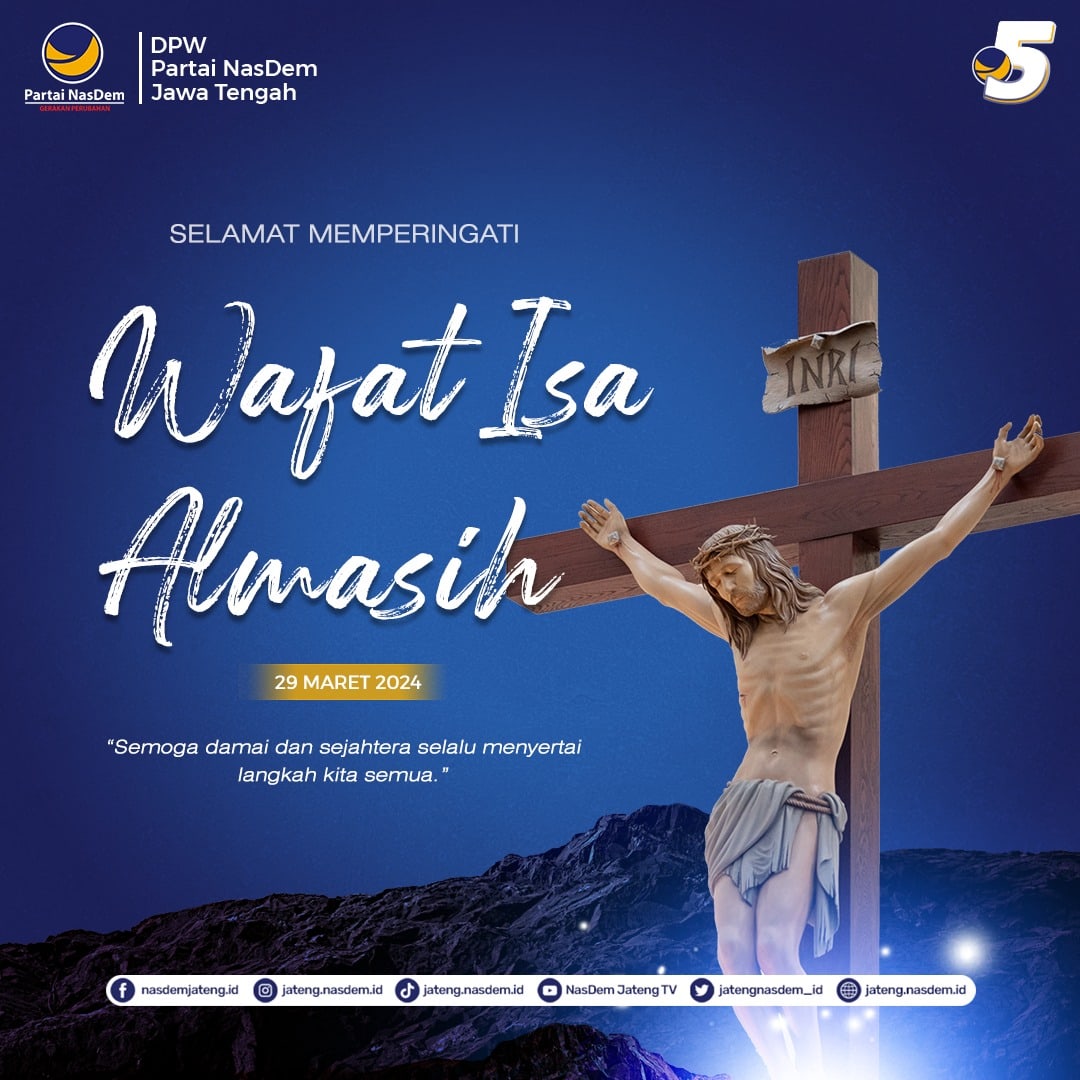 DPW NasDem Jawa Tengah mengucapkan Selamat merayakan Jumat Agung. 

Mari merenungkan perjuangan dan pengorbanan Yesus Kristus. Semoga damai dan kasih-Nya selalu menyertai di tengah-tengah kita.

#wafatisalmasih 
#jumatagung 
#nasdemjateng 
#dpwnasdemjateng