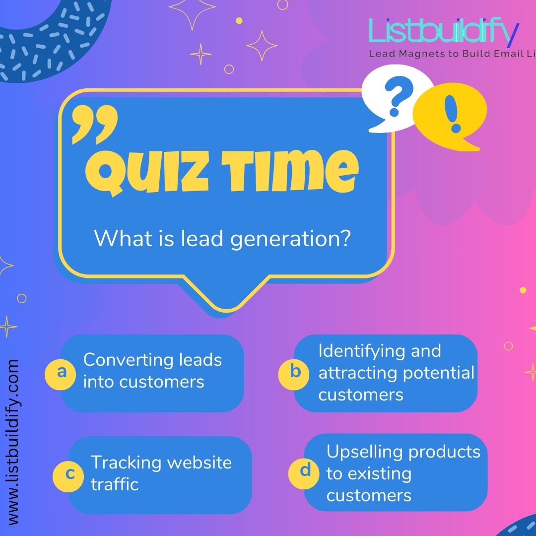 LBuildify's tweet image. If you chose b) The process of identifying and attracting potential customers, you&apos;re absolutely correct! #LeadGeneration #QuizTime #ListbuildifyQuiz #EmailListBuilding #EngageAndConvert #TurbochargeYourEfforts #DigitalSuccess #MarketingTips #GrowYourAudience #UnlockYourPotential