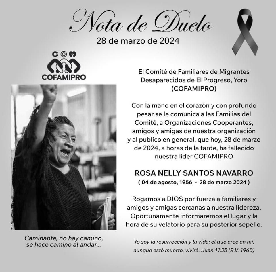 IMUMIDF's tweet photo. 🖤 Enviamos nuestras condolencias a la familia de Doña Rosa Nelly y las compañeras de #COFAMIPRO 🖤 https://t.co/Pm8L0oxmw8