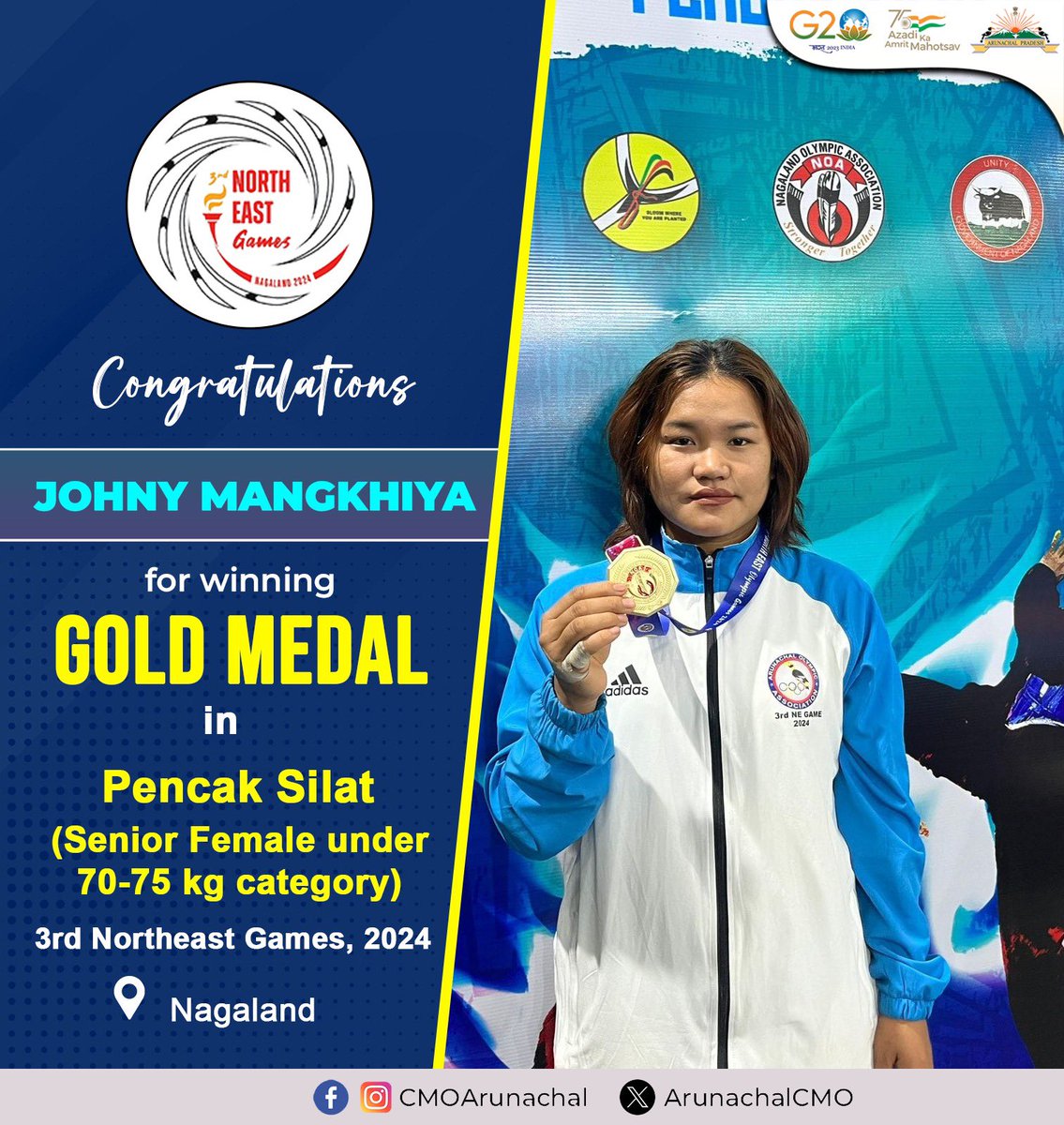 Another golden moment for Arunachal Pradesh as Johny Mangkhiya secures victory in Pencak Silat (Senior Female, 70-75kg category) at the 3rd Northeast Games, 2024! 🥇 Congratulations, Johny, on your remarkable achievement! #JohnyMangkhiya #GoldMedal #NortheastGames