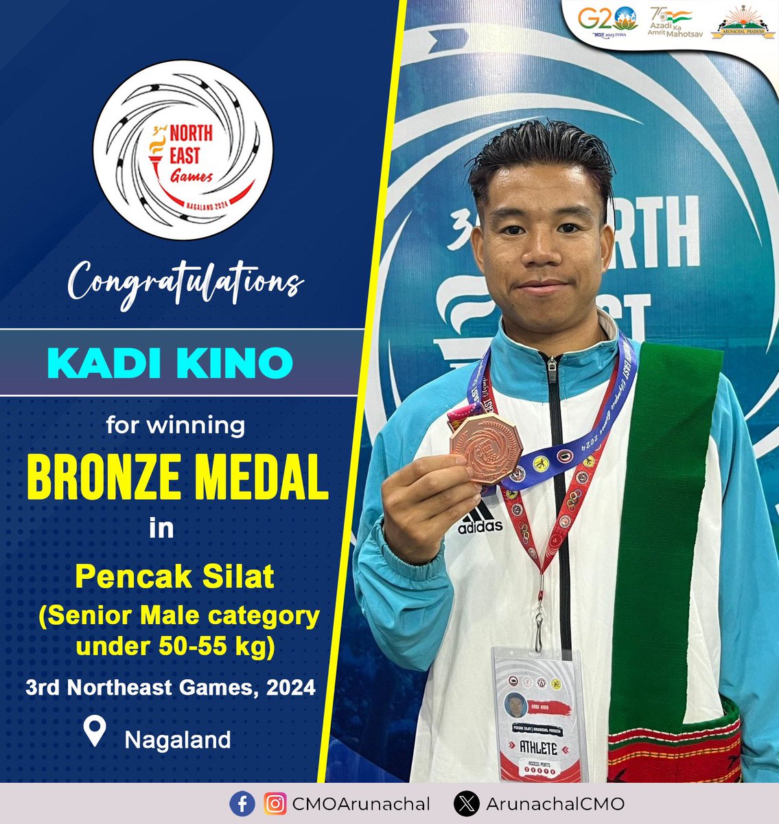 Congratulations to Kadi Kino for clinching the Bronze Medal in Pencak Silat (Senior Male category under 50-55 kg) at the 3rd NEG, 2024!🥉Despite facing a formidable opponent from Manipur in the semi-finals, his resilience secured this prestigious accolade for Arunachal. #NEG2024