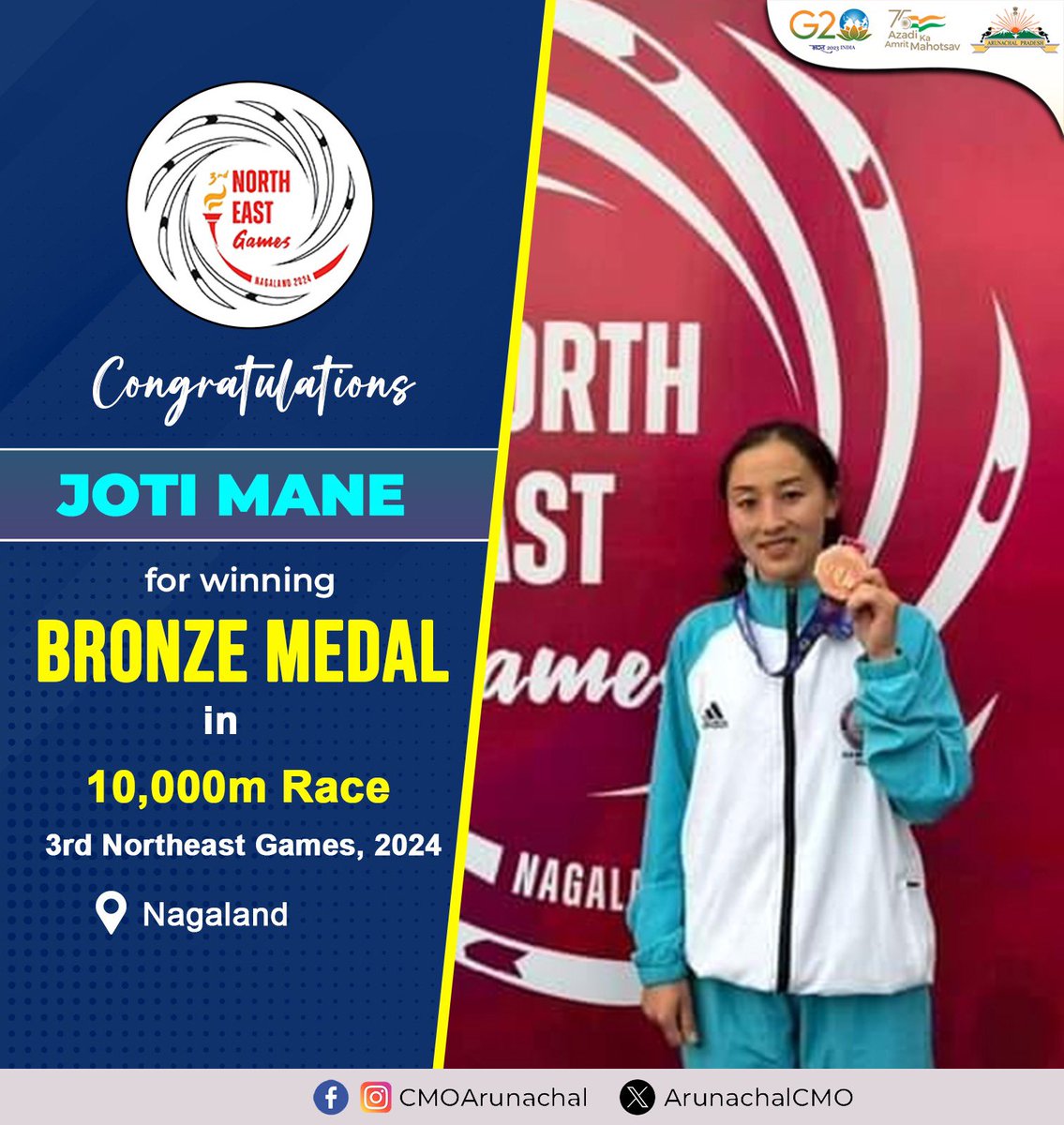 Congratulations to Joti Mane for clinching the Bronze Medal in the 10,000m race at the NorthEast Games, with an impressive time of 39:52.94! 🥉 Your dedication and perseverance inspire us all. Here's to many more victories on the track! #JotiMane #BronzeMedal #Athletics