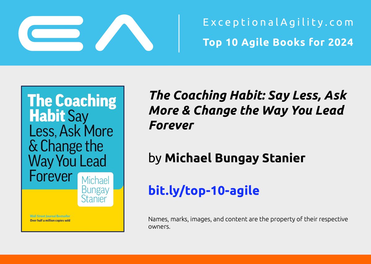 Top 10 Agile Books for 2024 includes “The Coaching Habit” by Michael Bungay Stanier

🔗 exceptionalagility.com/blog/files/boo… #ExceptionalAgility #Agile #Agility #Books #AgileBooks #Innovation #ProjectMgmt #Coaching #AgileCoach #AgileCoaching #CoachingBook #Leadership #TheCoachingHabit