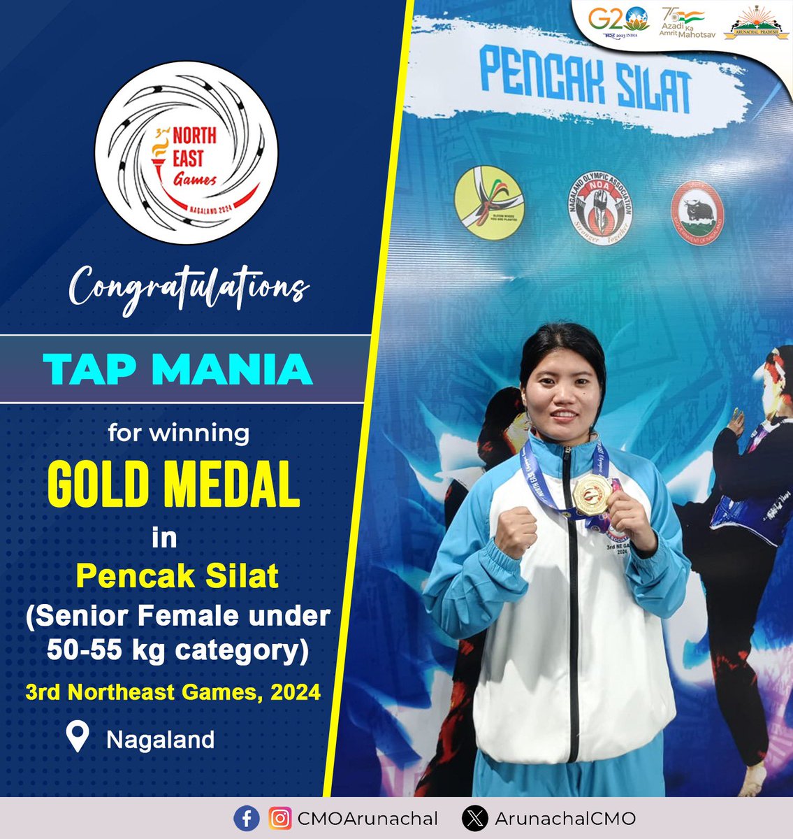 Congratulations to Tap Mania for clinching the Gold Medal in Pencak Silat at the 3rd NEG, 2024! Tap Mania's victory against Assam in the final match marks a historic moment as the first Gold medalist for Arunachal Pradesh. Well done on this remarkable achievement! #PencakSilat