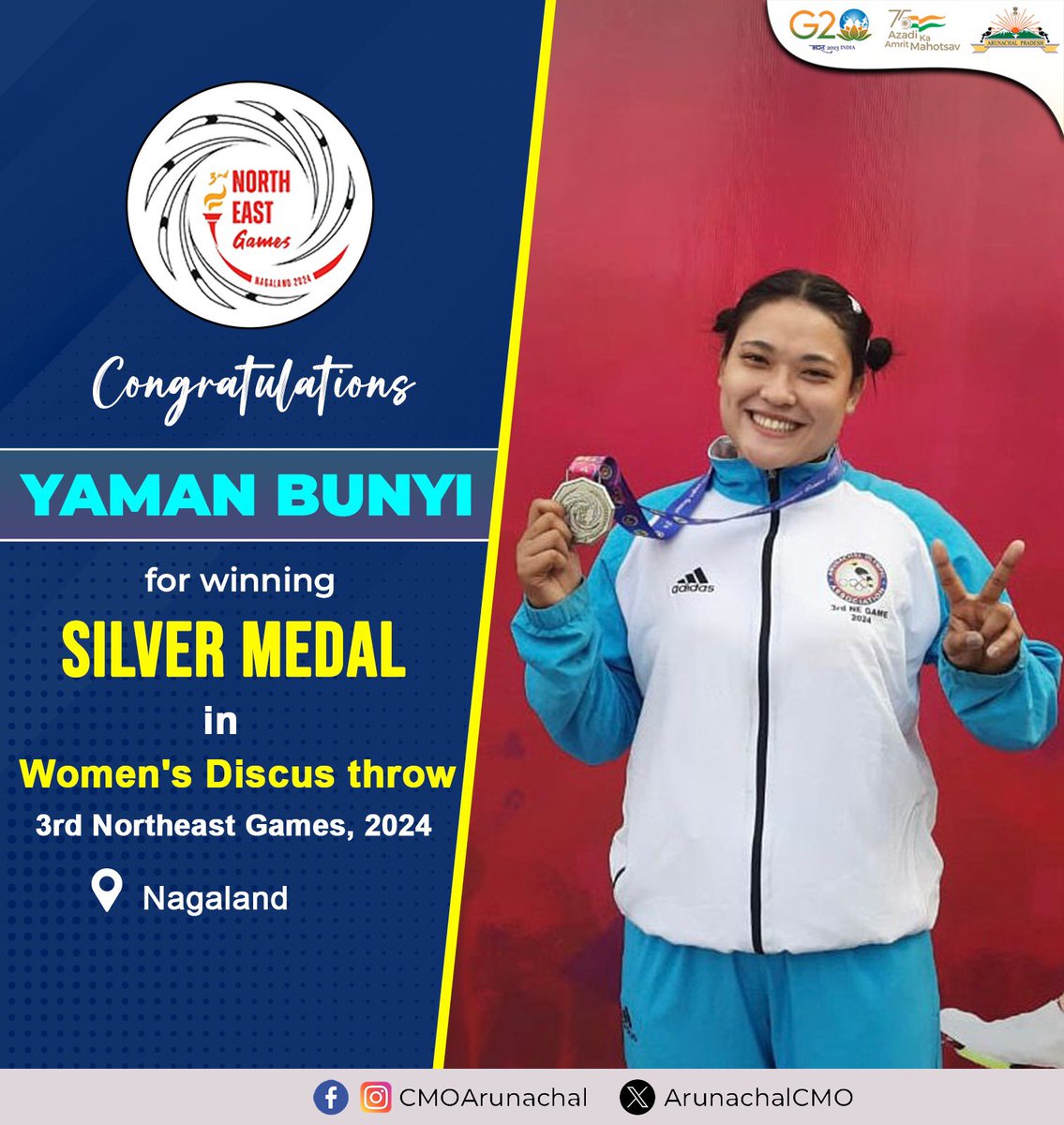 Congratulations to Yaman Bunyi for winning the Silver Medal in Women's Discus Throw at the Northeast Games! 🥈 With an impressive throw of 27.51 mtrs, Your remarkable achievement sets a shining example for all. Keep shining and continue to inspire! #NortheastGames #DiscusThrow