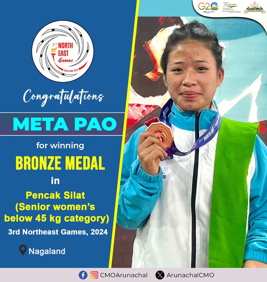 Huge congratulations to Meta Pao for winning Bronze in Pencak Silat at the Northeast Games! 🥉Your victory is a source of pride for Arunachal Pradesh and an inspiration for aspiring athletes. Keep shining! #NortheastGames #PencakSilat #BronzeMedal