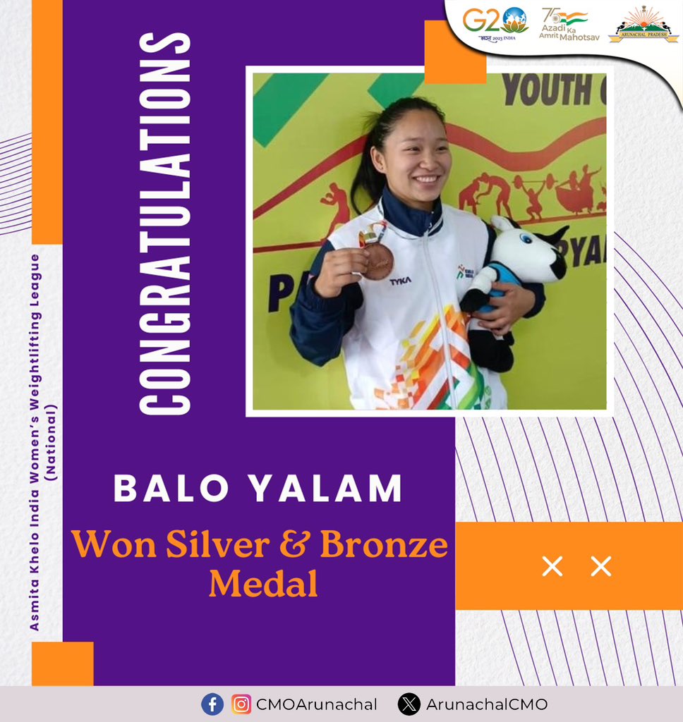 An incredible feat by Balo Yalam at the Asmita Khelo India Women’s Weightlifting League (National)! Clinching both a Silver and Bronze medal showcases her exceptional prowess and dedication. Here's to her inspiring journey of strength and triumph! #KheloIndia #WomenPower