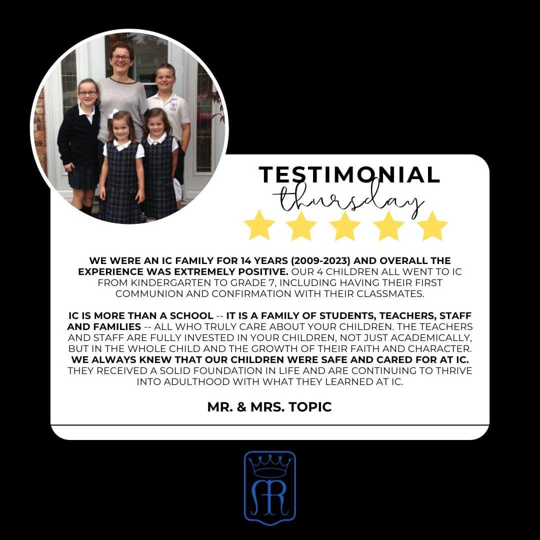 It's Testimonial Thursday time! and this one is extra special because it's one of our past families! Read what the Topic Family has to say about their 14 years of experience here at our school. Thank you for your testimony! We miss seeing all of you! #TestimonialTime #icdelta