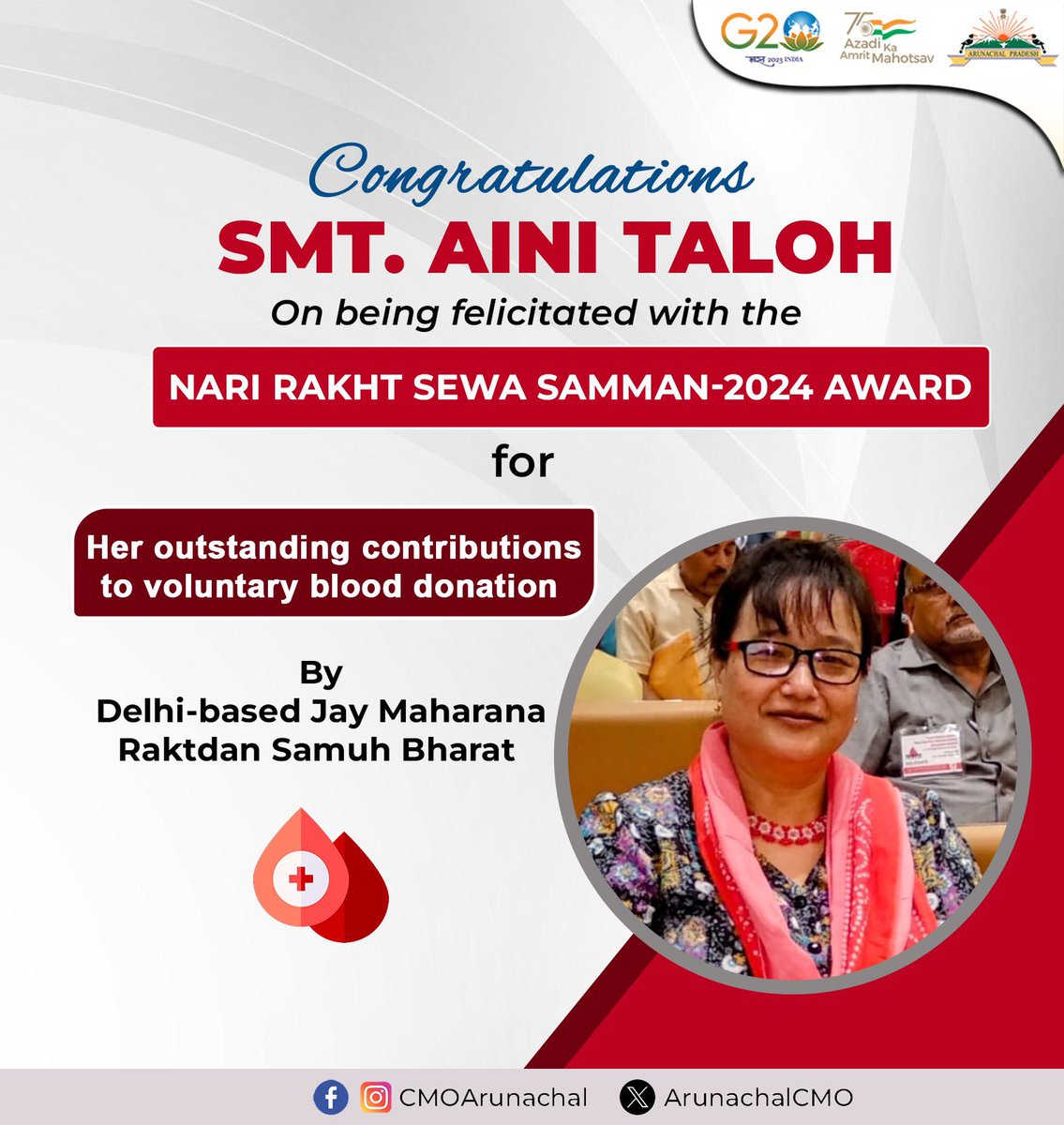 A heartfelt congratulations to Smt. Aini Taloh, founder chairperson of AYANG, for winning the Nari Rakht Sewa Samman-2024 award! Her unwavering dedication to voluntary blood donation sets shining example. Let's honour her achievements & inspire others to make a difference! #NRSSA