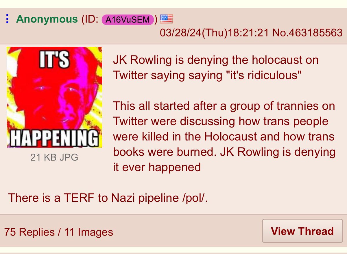 Meanwhile on 4chan’s Neo-Nazi message board, white supremacists are cheering with glee at the descent of TERFism into fascism. “There is a TERF to Nazi pipeline”