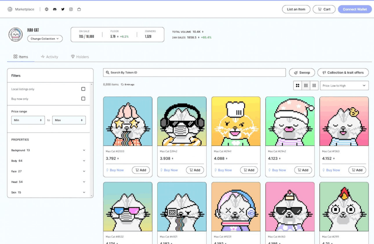 maocatcoin's tweet photo. This is a sample photo of the NFT marketplace we are developing.

A lot of things are being fixed.

We will be adding a rarity tool for our upcoming MAO CAT 10,000 NFT collection sorted by characteristic.
Partial adjustment of fees
We are designing UI&UX.

MAO NFT MARKETPLACE Users can mint, buy, and sell NFTs after linking their wallets.

$MAO #MAOCATNFT