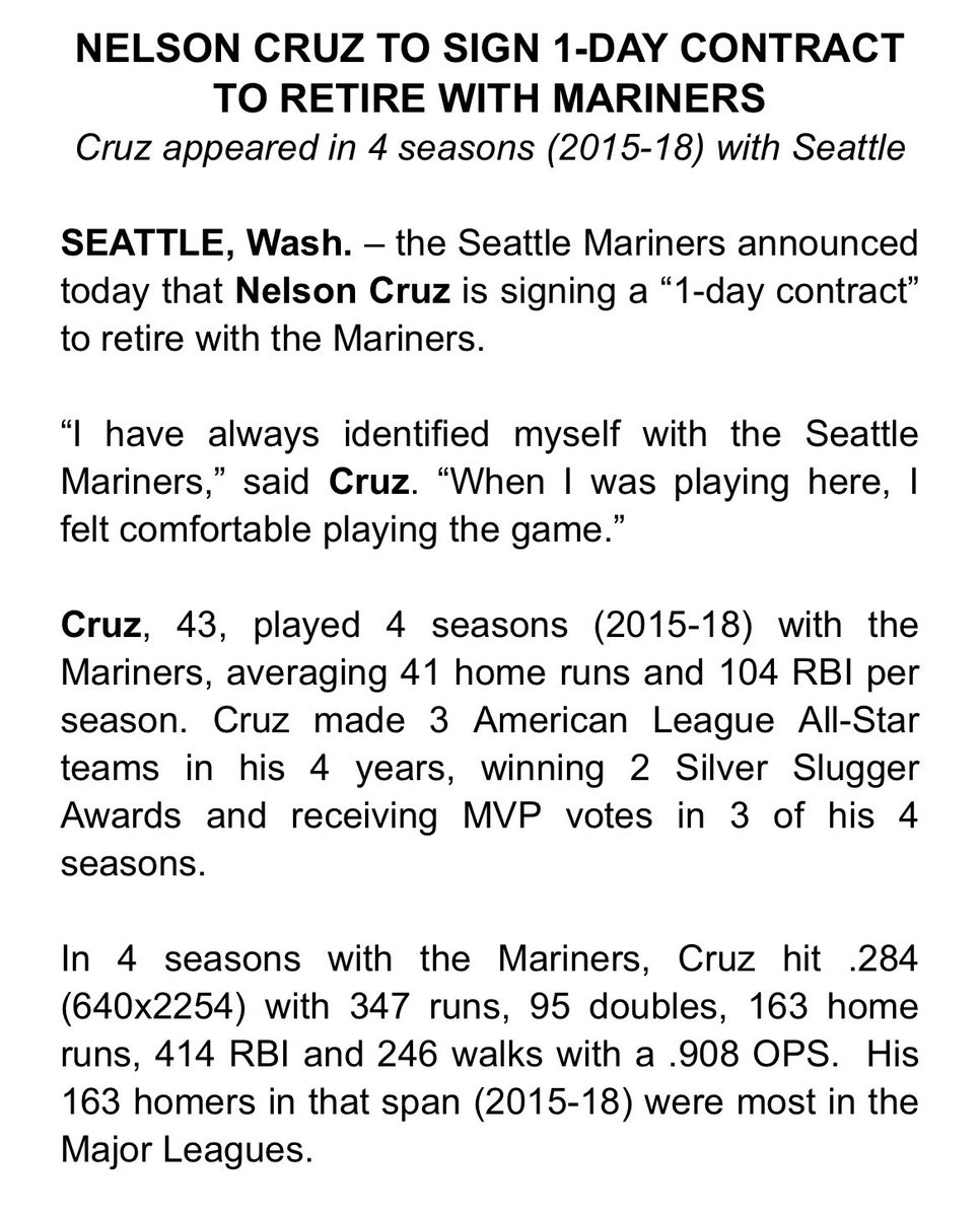 [情報] 水手隊跟Nelson Cruz簽下一日合約