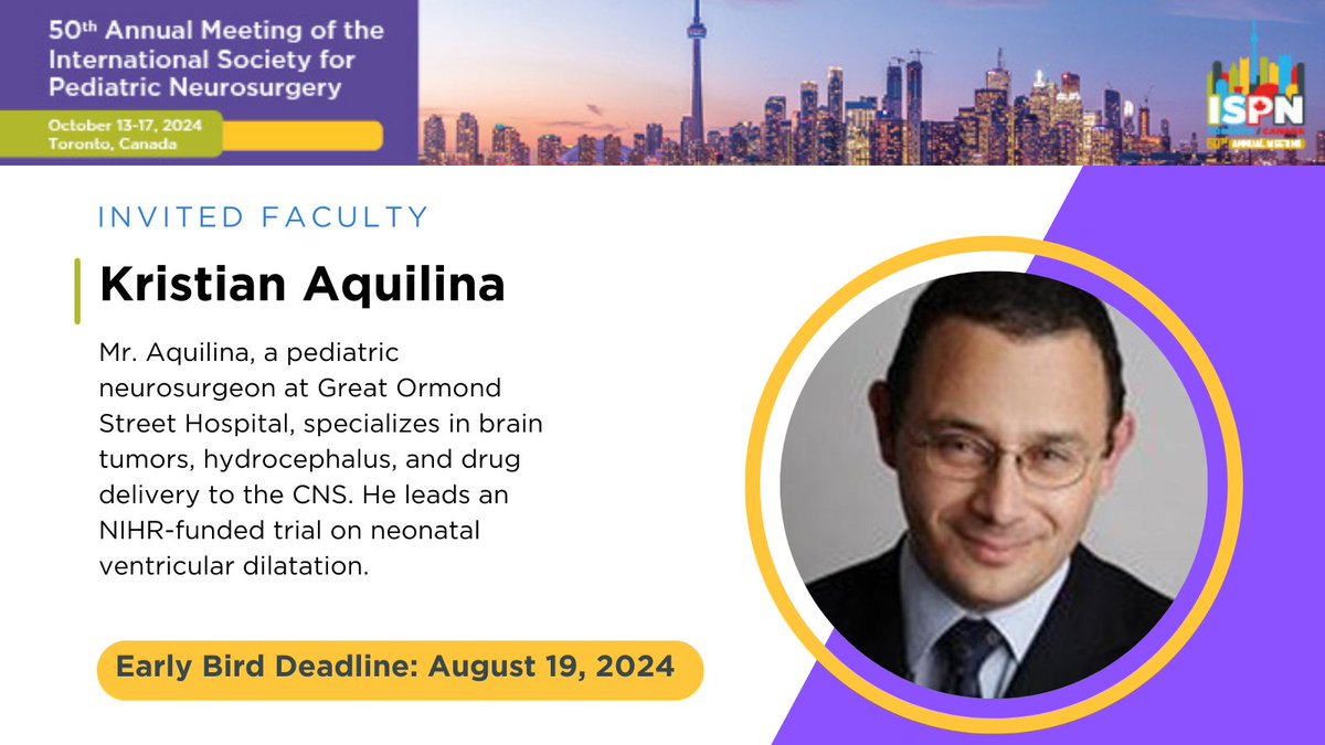Excited to announce Kristian Aquilina, Consultant Pediatric Neurosurgeon at Great Ormond Street Hospital, as an invited speaker at #ISPN2024! Join us as he shares insights on brain tumors, hydrocephalus, and more. 🔗bit.ly/3x4t3LZ