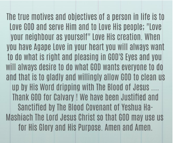 The true motives and objectives of a person in life is to Love GOD and serve Him and to Love His people; 'Love your neighbour as yourself' Love His creation. When you have Agape Love in your heart you will always want to do what is right and pleasing in GOD'S Eyes ...