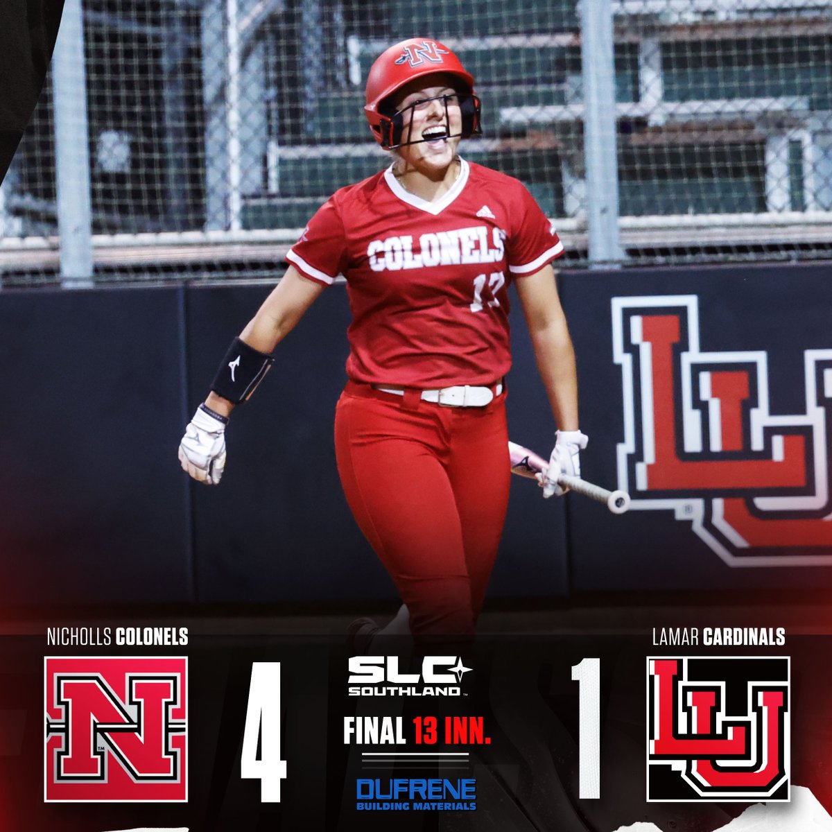 A THRILLER IN 13!!!

Colonels get doubles by Laylin Sturm and Gabby Higbee in the 13th to fuel a three-run frame as Nicholls knocks off first-place Lamar in extras 

#geauxcolonels #SwordsUp