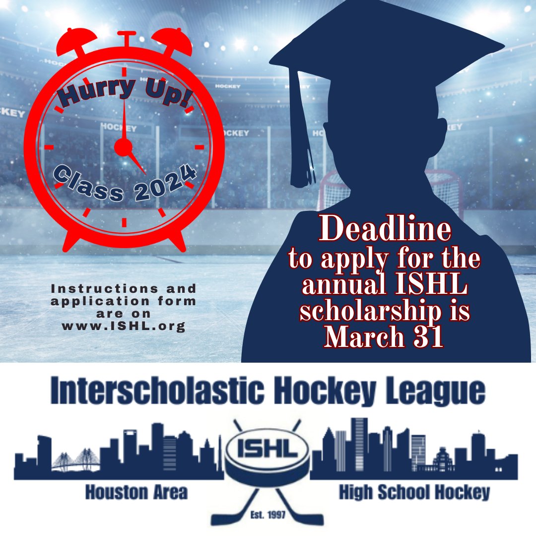 Seniors, deadline to apply for the ISHL scholarship is approaching! Apply now! ishl.org/news/2023-ishl… Recipients of the scholarship will be announced at the annual ISHL Banquet on April 25 (info is coming).