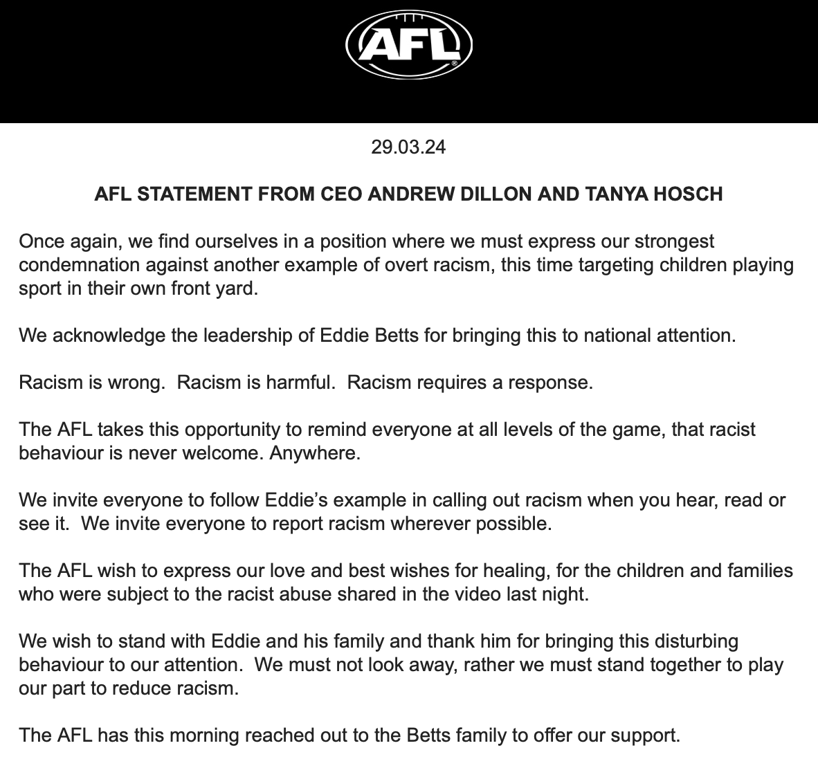 #BREAKING: AFL releases statement on Eddie Betts' video showing racial abuse being yelled at children outside his home 'Racism is wrong.  Racism is harmful.  Racism requires a response.' | @6NewsAU